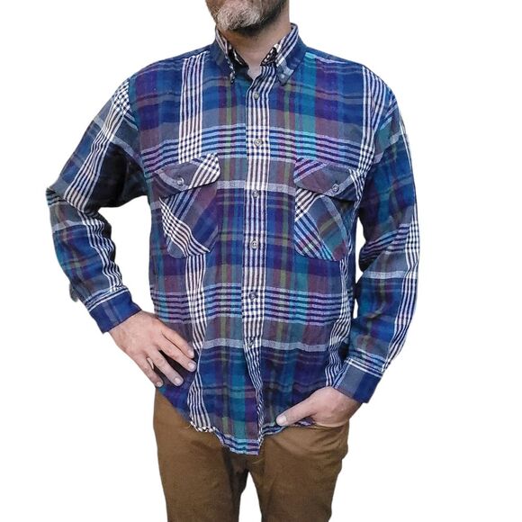River Trader Men's Button Down Shirt Long Sleeve unique  Blue Green Plaid Medium - Picture 1 of 11